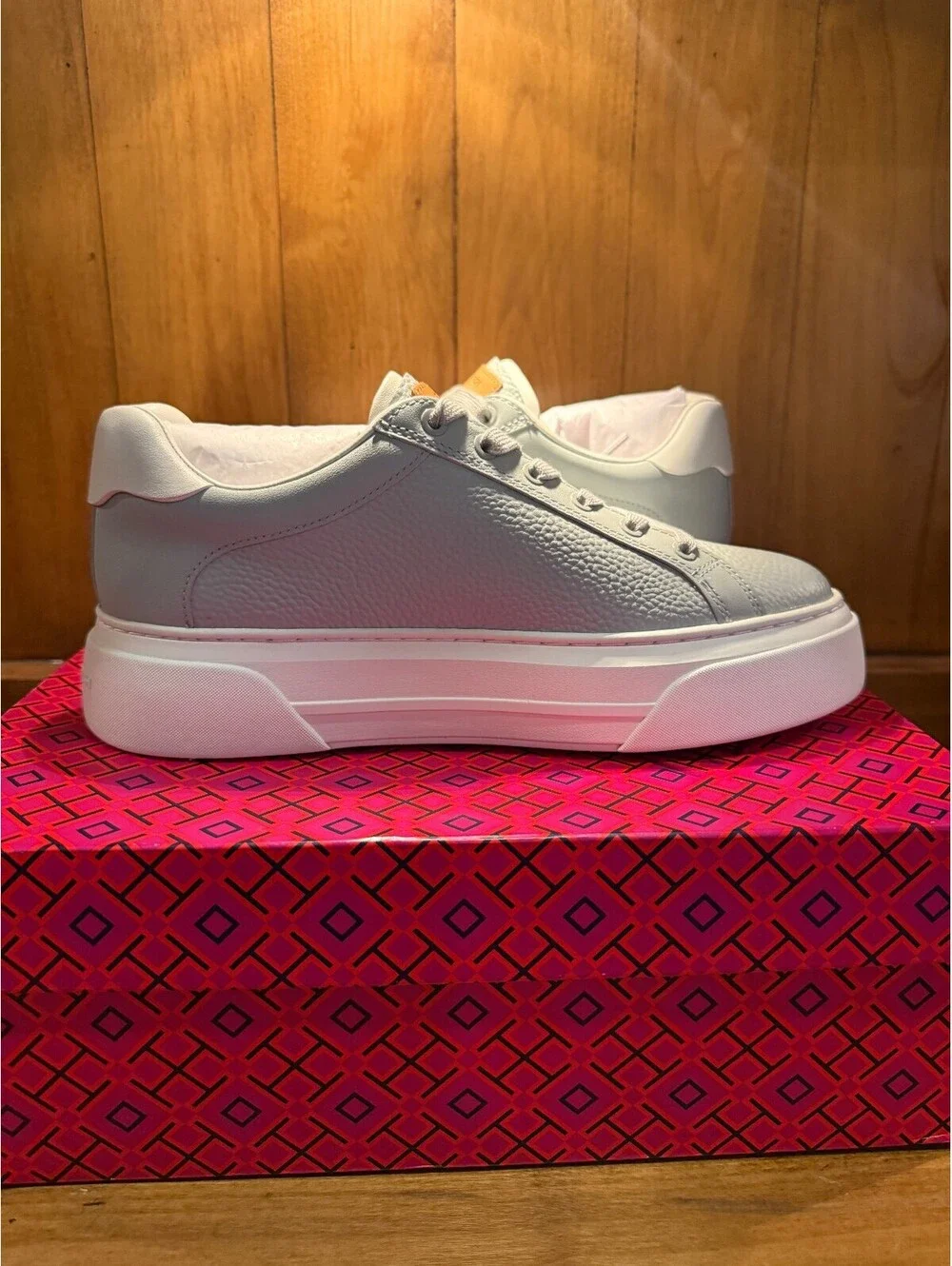 New Tory Burch Platform Sneakers in Light Gray Leather Women's Size 8